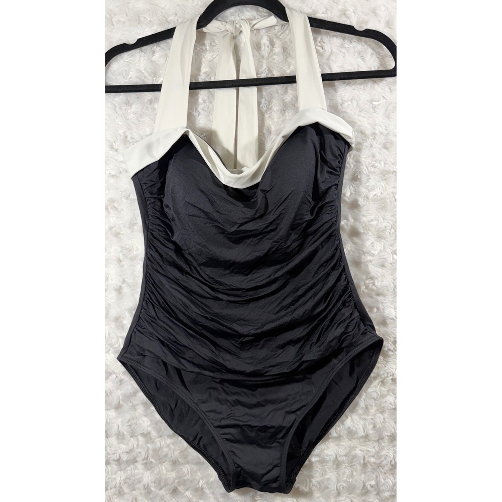 Lauren Ralph Lauren Womens Size 10 Black White Ruched Halter One Piece Swimsuit
